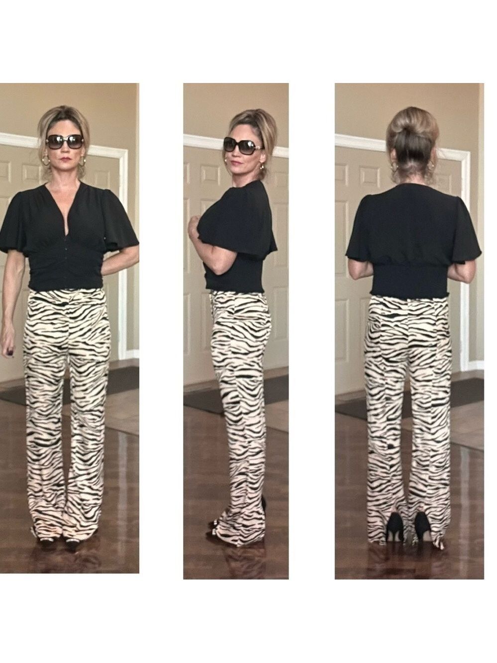 Zara cream black tiger animal print satin effect pyjama pants back slit M NWOT